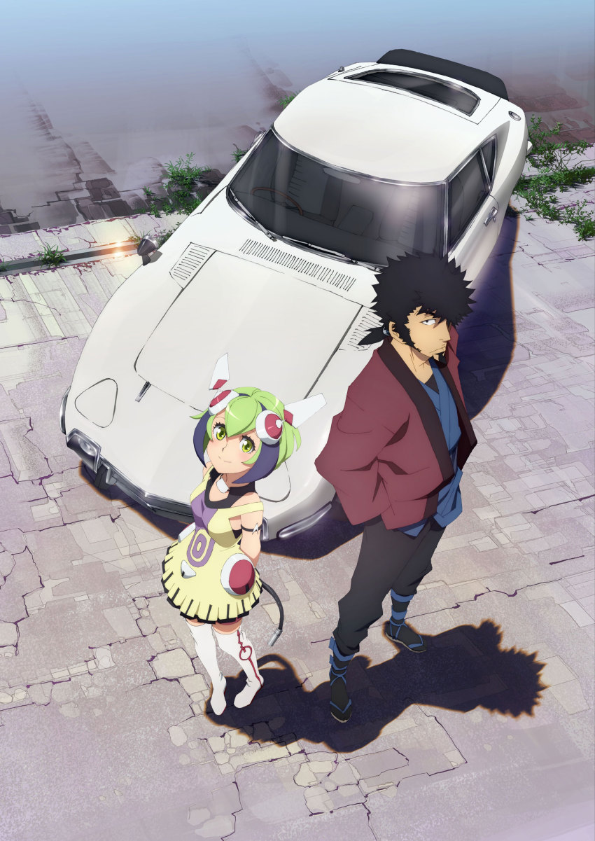 10s 1boy 1girl absurdres android arm_garter arms_behind_back beard black_hair blush cable cable_tail car dimension_w dress facial_hair from_above full_body green_eyes green_hair hands_in_pockets headgear highres jacket japanese_clothes looking_at_viewer looking_up mabuchi_kyoma matsutake_tokuyuki mechanical_tail motor_vehicle multicolored_hair official_art outdoors ponytail short_hair sideburns silhouette smile standing streaked_hair tail toyota toyota_2000gt two-tone_hair vehicle_focus weeds white_legwear yurizaki_mira