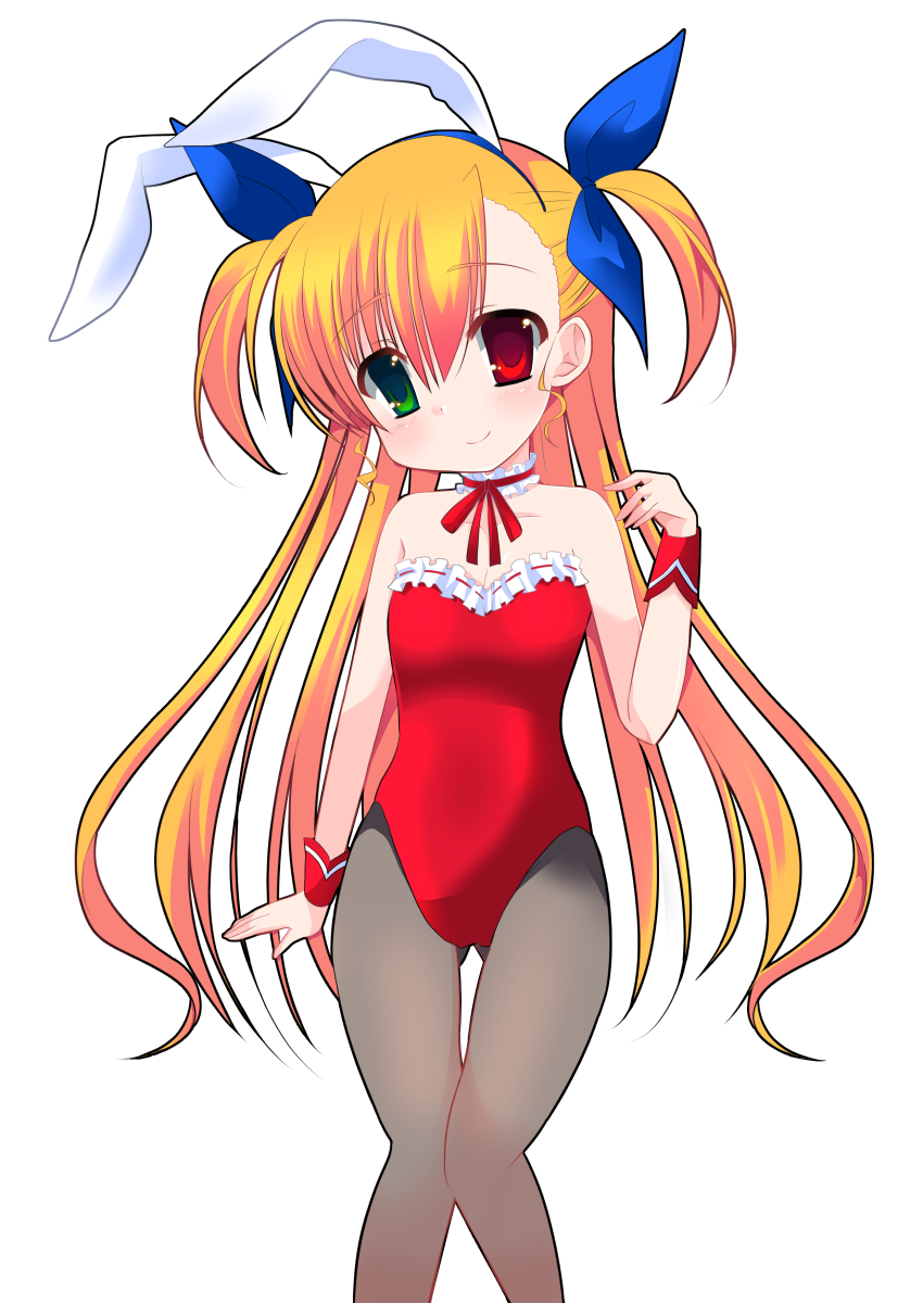 10s 1girl absurdres animal_ears bare_shoulders blonde_hair blush breasts cleavage detached_collar fake_animal_ears female_focus frills green_eyes hair_ribbon hairband heterochromia highres kazuta_(kazutan62) leotard long_hair lyrical_nanoha mahou_shoujo_lyrical_nanoha_vivid medium_breasts pantyhose playboy_bunny rabbit_ears red_eyes ribbon smile solo two_side_up vivio white_background wrist_cuffs