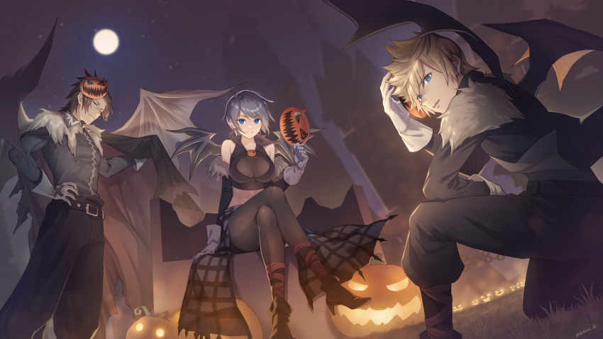 1girl 2boys alternate_costume aqua_(kingdom_hearts) blonde_hair blue_hair breasts brown_hair cape cleavage crop_top gloves gogo_(detteiu_de) halloween highres jack-o&#039;-lantern kingdom_hearts kingdom_hearts_birth_by_sleep medium_breasts multiple_boys pantyhose sitting smile spiked_hair terra_(kingdom_hearts) ventus_(kingdom_hearts) white_gloves wings