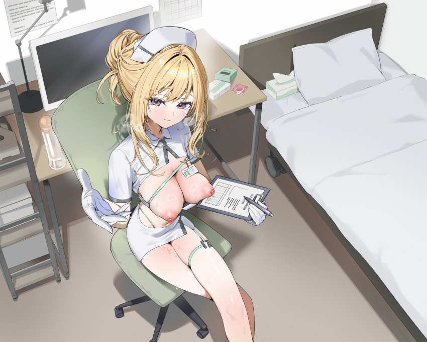 1girl absurdres bed bed_sheet blonde_hair breasts breasts_out chair cleavage cleavage_cutout clipboard clothing_cutout collared_shirt condom condom_wrapper crop_top crossed_legs desk desk_lamp from_above gloves hat highleg highres holding holding_clipboard indoors itohana lamp large_breasts long_hair looking_at_viewer lube midriff miniskirt monitor navel nipples nurse nurse_cap original panty_straps parted_lips pillow purple_eyes shirt short_sleeves sitting skindentation skirt smile solo swivel_chair thigh_strap thighs white_gloves white_hat white_shirt white_skirt