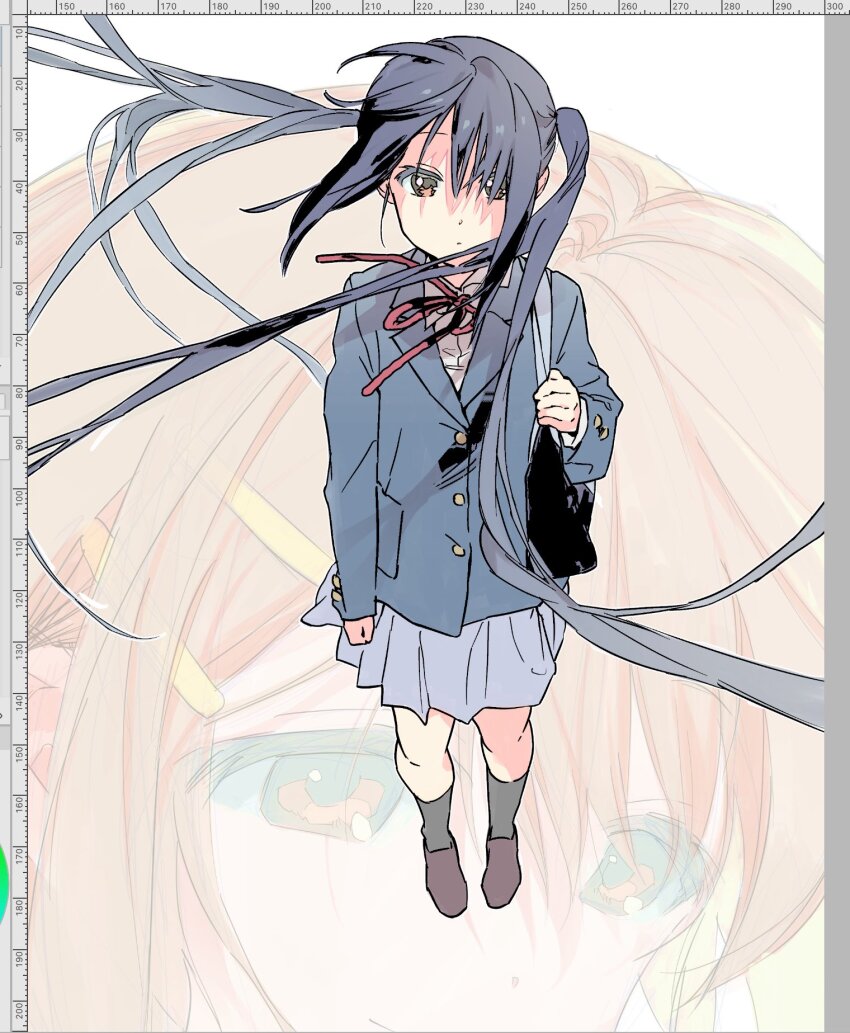 1girl black_hair blazer blush brown_eyes cambriancaris highres hirasawa_yui jacket kneehighs long_hair nakano_azusa neck_ribbon pleated_skirt red_ribbon ribbon school_uniform skirt socks solo twintails very_long_hair zoom_layer