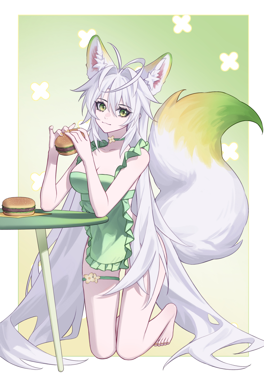 1girl absurdres animal_ear_fluff animal_ears apron barefoot breasts burger cleavage closed_mouth collarbone commentary extra_ears feet food fox_ears fox_girl fox_tail full_body green_eyes hair_between_eyes hair_intakes highres holding holding_burger holding_food kneeling large_breasts long_hair looking_at_viewer luo_shun_yao meng_xi_xuan nail_polish naked_apron original sidelocks smile solo tail thigh_strap toes very_long_hair white_hair yellow_nails