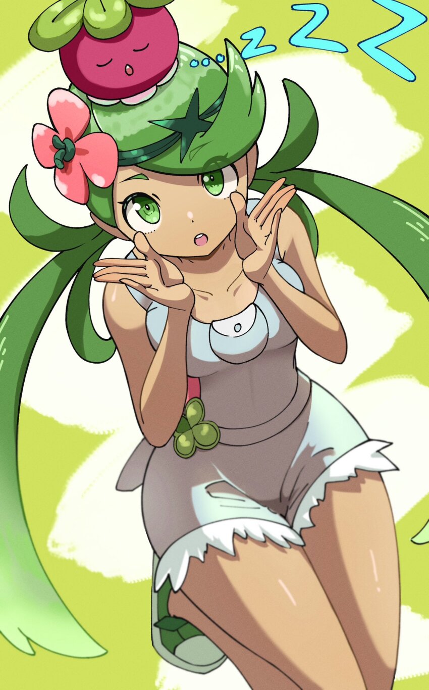 bounsweet dark-skinned_female dark_skin flower game_freak gen_7_pokemon green_eyes green_hair green_headband grey_overalls hair_flower hair_ornament headband highres mallow_(pokemon) nintendo overall_shorts overalls pink_flower pokemon pokemon_(creature) pokemon_sm pwgp6_tomato swept_bangs twintails