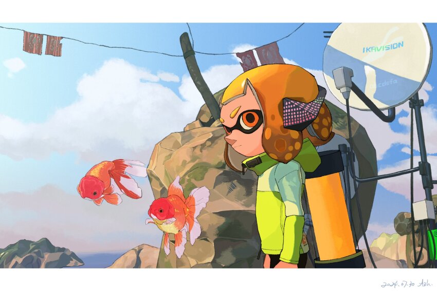 1girl 2024 agent_4_(splatoon) arms_at_sides ash011023 behind-the-head_headphones black_shorts blonde_hair blue_sky blunt_bangs chinese_commentary closed_mouth commentary_request dated fish green_jacket headphones highres hood hood_down hooded_jacket ink_tank_(splatoon) inkling jacket letterboxed long_sleeves medium_hair nintendo orange_eyes outdoors shorts sky solo splatoon_(series) splatoon_2 tentacle_hair