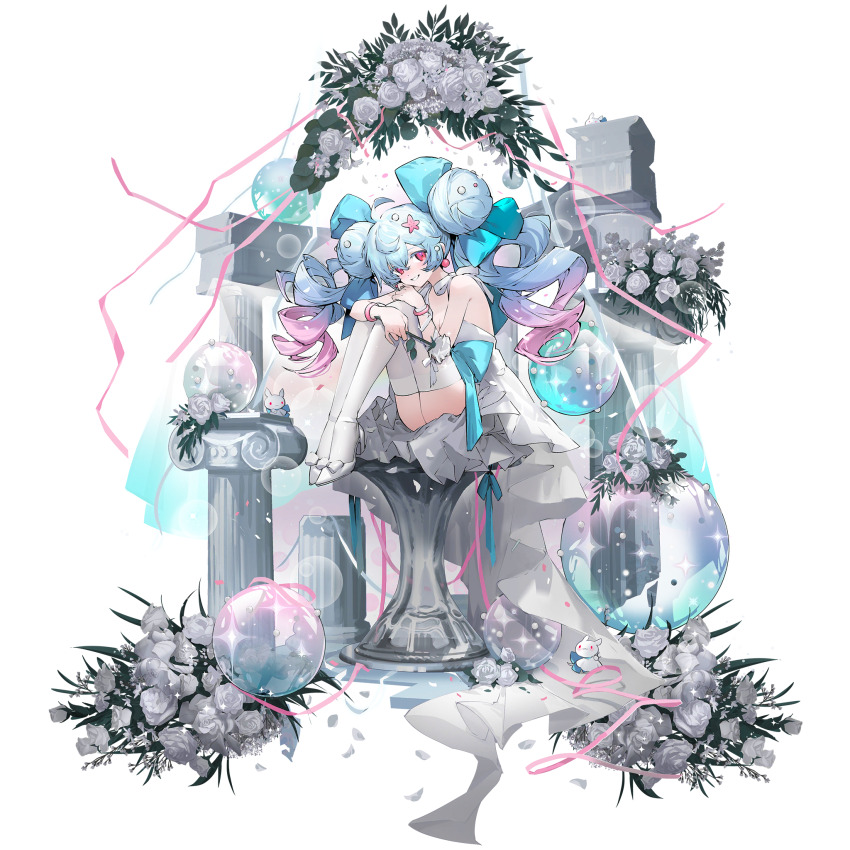 1girl arms_on_knees artist_request blue_hair blue_ribbon bubble confetti curled_up double_bun dress faux_figurine flower game_cg girls&#039;_frontline girls&#039;_frontline_neural_cloud hair_bun helix_(neural_cloud) highres holding holding_flower looking_at_viewer official_alternate_costume official_art pillar pink_ribbon rabbit red_eyes ribbon sitting smile thighhighs third-party_source transparent_background wedding_dress white_dress white_flower white_thighhighs