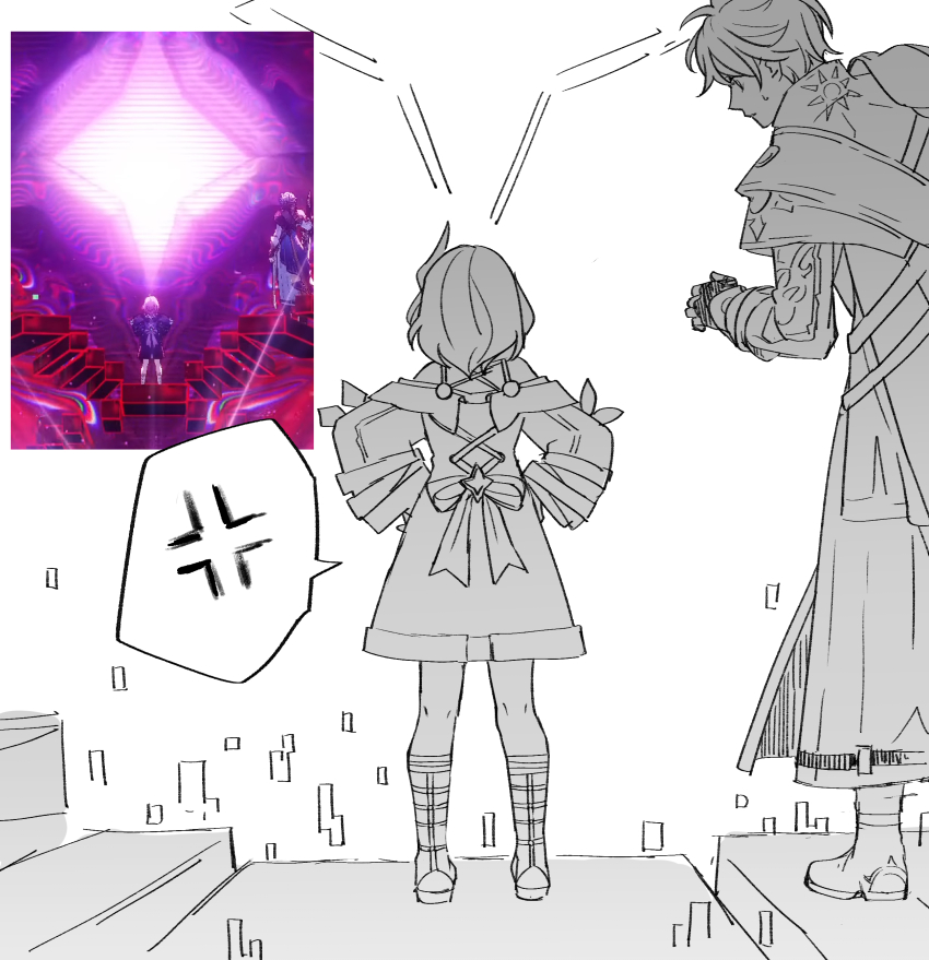 1boy 1girl absurdres anger_vein back bare_shoulders cyrene_(honkai:_star_rail) dress fingerless_gloves gloves greyscale hands_on_own_hips highres honkai:_star_rail honkai_(series) kk_(kkgame7733) monochrome phainon_(honkai:_star_rail) reference_inset shoes short_hair sun