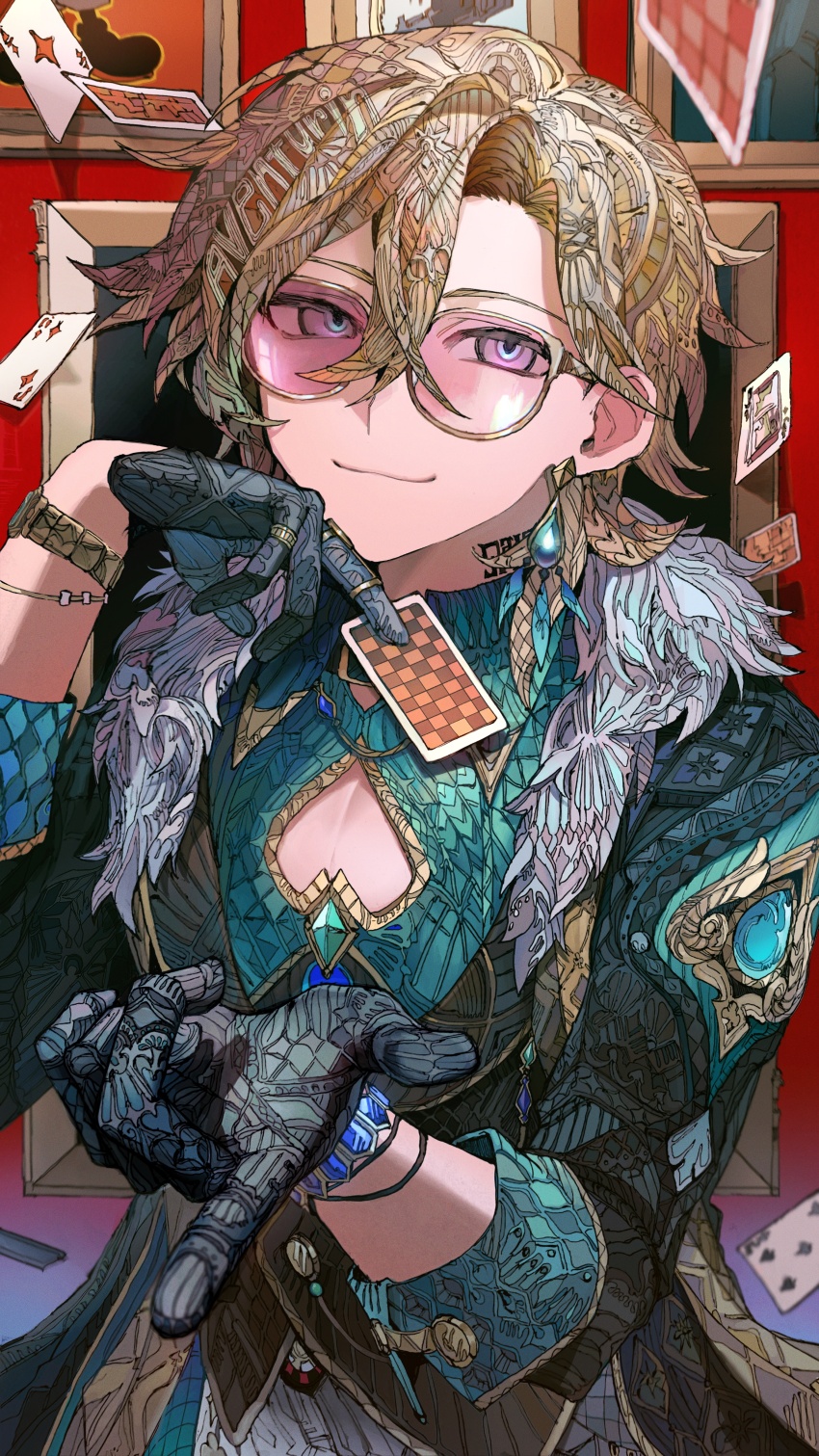 1boy absurdres aqua_gemstone aqua_shirt aventurine_(honkai:_star_rail) black_gloves blonde_hair bracelet card closed_mouth clothing_cutout collared_shirt earrings fur_trim gem glasses gloves hair_between_eyes heart_cutout highres honkai:_star_rail honkai_(series) jewelry looking_at_viewer male_focus patterned_clothing patterned_hair pectoral_cleavage pectorals playing_card ring shirt short_hair solo yadu_nadu