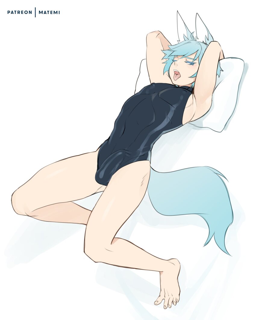 1boy animal_ears armpits arms_up blue_hair bulge chongyun_(genshin_impact) covered_erect_nipples erection erection_under_clothes genshin_impact highres kemonomimi_mode knees_up matemi one-piece_swimsuit open_mouth patreon_username penis pillow solo swimsuit tail tongue tongue_out