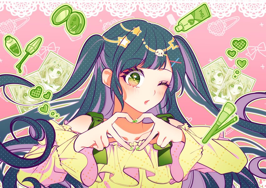 1girl absurdres aiceclass blush compact_(cosmetics) cosmetics green_eyes green_nails hanon_(aiceclass) heart heart_hands highres kawaikute_gomen_(honeyworks) kotoha_(aiceclass) makeup_brush nail_polish off-shoulder_shirt off_shoulder one_eye_closed shirt solo sophia_pie_12 two_side_up virtual_youtuber yellow_shirt
