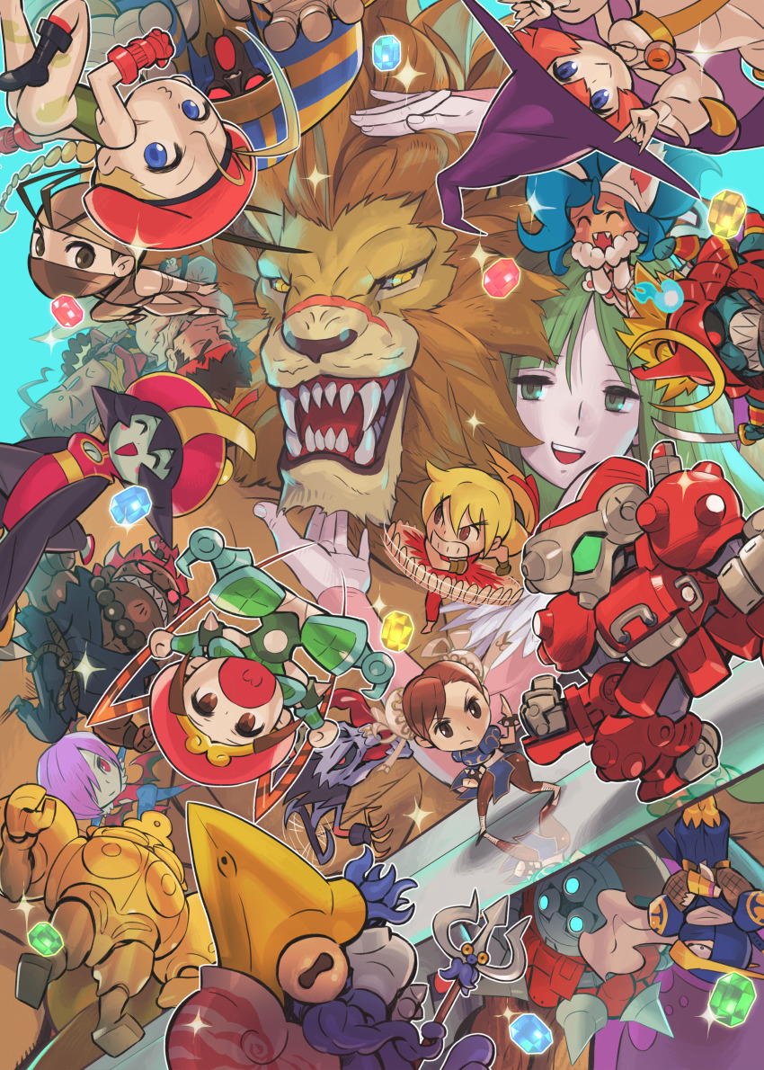 6+boys 6+girls :&gt; :&lt; :o absurdres akuma_(street_fighter) anakaris animal_ears aqua_background armor bandana bead_necklace beads bengus beret bishamon_(darkstalkers) blodia blonde_hair blue_background blue_eyes blue_hair blue_skin bracelet brown_hair cammy_white capcom capcom_fighting_collection cat_ears cat_girl chibi chinese_clothes chun-li colored_skin copyright_notice crossover cyberbots demon_girl donovan_baine double_bun dougi falling fangs felicia_(darkstalkers) fighting_stance gem green_armor green_armorgems hair_bun happy hat highres ibuki_(street_fighter) japanese_armor jewelry jiangshi ken_masters hsien-ko leo_(warzard) leotard lilith_(darkstalkers) lion lion_hair long_hair m/ mask mask_on_head meditation monster monster_boy monster_girl morrigan_aensland mukuro_(warzard) multiple_boys multiple_girls mummy necklace ninja nool o3o official_art orange_hair huitzil_(darkstalkers) pink_hair pocket_fighter polearm purple_hair puzzle_fighter red_bandana robot ryu_(street_fighter) samurai scar scarf smile sparkle spiked_bracelet spikes spinning street_fighter super-8 sword tabasa tao_(warzard) tatsumaki_senpuukyaku tongue tongue_out triangle_mouth trident upside-down darkstalkers warzard watermark weapon white_scarf witch witch_hat lord_raptor zombie