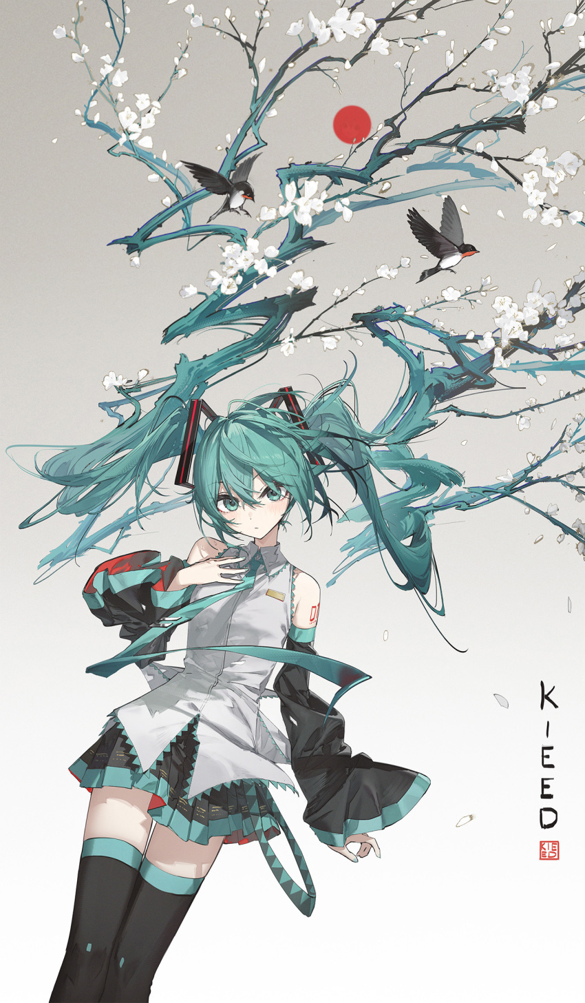 1girl aqua_eyes aqua_hair aqua_necktie arm_tattoo artist_name bird branch closed_mouth collared_shirt commentary detached_sleeves feet_out_of_frame flower grey_shirt hair_branch hand_on_own_chest hatsune_miku highres kieed long_hair looking_at_viewer necktie pleated_skirt plum_blossoms seal_impression shirt skirt sleeveless sleeveless_shirt solo sun tattoo thighhighs tie_clip twintails very_long_hair vocaloid when_you_see_it white_flower zettai_ryouiki