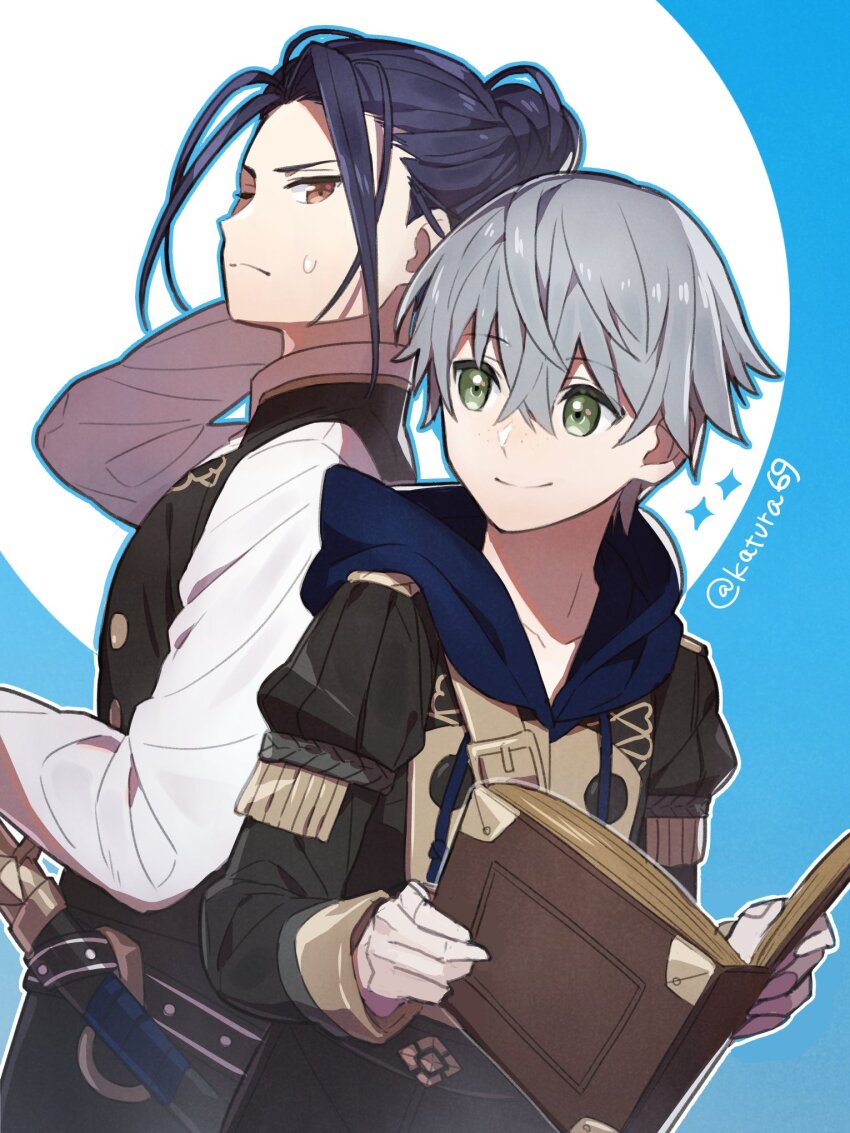 2boys arm_up ashe_ubert belt black_belt black_jacket black_pants blue_hair blue_hood book chest_belt closed_mouth commentary dark_blue_hair drawstring felix_hugo_fraldarius fire_emblem fire_emblem:_three_houses garreg_mach_monastery_uniform gold_sleeve_cuffs green_eyes grey_hair hair_between_eyes hair_bun highres holding holding_book hood hood_down jacket juliet_sleeves katsura_ichiho long_sleeves looking_at_another male_focus multiple_boys nintendo open_book orange_eyes pants puffy_sleeves shirt short_hair single_hair_bun sleeve_cuffs smile sparkle studded_belt sweat sweatdrop sword tassel twitter_username undershirt upper_body weapon white_shirt yellow_belt