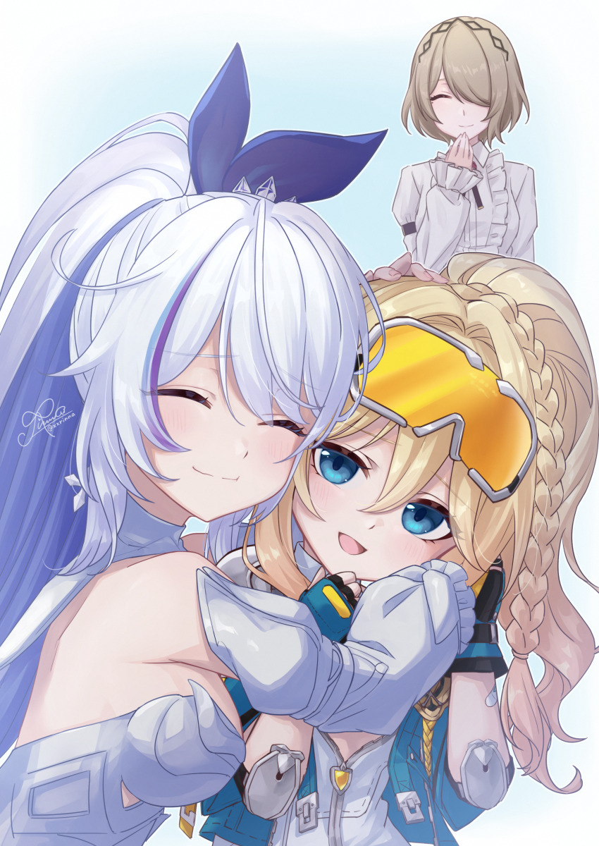 3girls absurdres aged_down aqua_gloves aqua_jacket birthday blonde_hair blue_eyes braid brown_hair center_frills closed_eyes closed_mouth detached_sleeves dress durandal_(honkai_impact) durandal_(reign_solaris)_(honkai_impact) facing_viewer fingerless_gloves frills gloves goggles goggles_on_head hair_between_eyes high_ponytail highres honkai_(series) honkai_impact_3rd hug jacket kiana_kaslana kiana_kaslana_(apho) long_sleeves looking_at_viewer multicolored_hair multiple_girls open_clothes open_jacket open_mouth ponytail rinna_(xxrinna) rita_rossweisse rita_rossweisse_(fallen_rosemary) siblings signature sisters smile white_dress white_hair