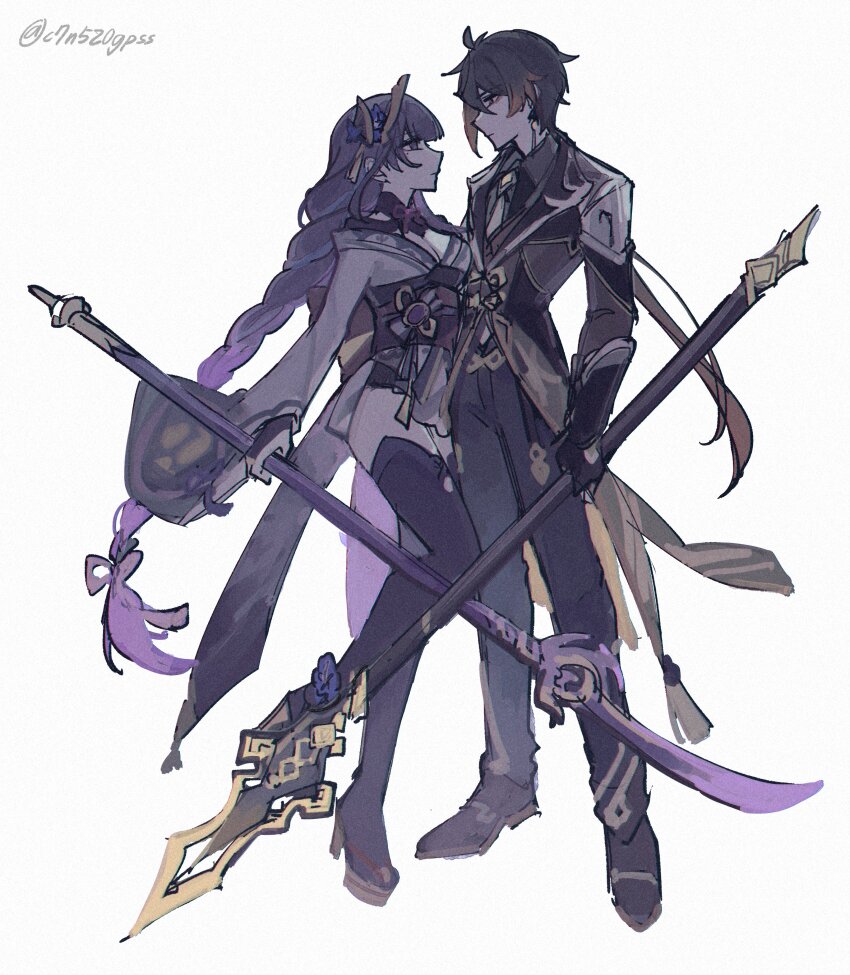 1boy 1girl absurdres antenna_hair black_gloves black_thighhighs blunt_bangs bow braid breasts bridal_gauntlets brown_hair brown_shirt brown_suit brown_vest c520gpss cleavage closed_mouth coattails engulfing_lightning_(genshin_impact) eyeliner formal_clothes from_side full_body genshin_impact gloves gradient_background hair_ornament highres holding holding_polearm holding_weapon japanese_clothes kimono large_breasts leg_up long_hair looking_at_another makeup mitsudomoe_(shape) mole mole_under_eye neck_ribbon obi obijime okobo platform_sandals polearm purple_eyes purple_hair purple_kimono raiden_shogun red_bow red_eyeliner ribbon sandals sash shirt simple_background single_braid suit thighhighs tomoe_(symbol) twitter_username vest vortex_vanquisher_(genshin_impact) weapon white_background zhongli_(genshin_impact)