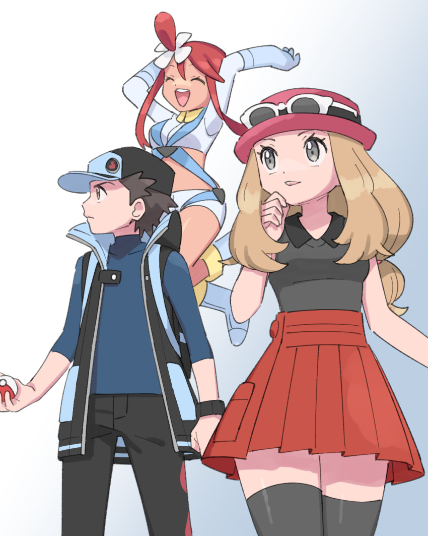 1boy 2girls black_eyes black_hair black_hat black_thighhighs blue_gloves blue_shorts breasts brown_eyes brown_hair closed_eyes commentary_request crop_top eyewear_on_headwear frown game_freak gloves hat high-waist_skirt highres holding holding_poke_ball medium_breasts miniskirt multiple_girls nintendo official_alternate_color open_mouth pleated_skirt poke_ball poke_ball_(basic) pokemon pokemon_masters_ex pokemon_xy pumpkinpan red_(pokemon) red_(sygna_suit)_(pokemon) red_hair red_hat serena_(pokemon) short_shorts shorts skirt skyla_(pokemon) small_breasts smile sunglasses swimsuit thighhighs turtleneck vest zettai_ryouiki