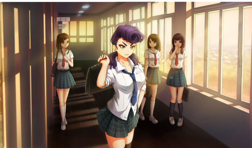 4girls bag black_bag black_socks blue_necktie brown_hair cinderella_series closed_mouth ear_piercing film_grain game_cg grey_skirt hachigatsu_no_cinderella_nine hair_ornament hairclip highres holding holding_bag indoors izumida_kyouka light_particles long_hair looking_at_another low_twintails multiple_girls necktie non-web_source official_art orange_eyes piercing plaid_clothes plaid_skirt pleated_skirt pompadour purple_hair red_necktie sailor_collar satogahama_school_uniform school school_uniform serafuku shirt short_sleeves skirt sleeves_rolled_up socks summer_uniform twintails white_sailor_collar white_shirt white_sneakers white_socks window wooden_floor