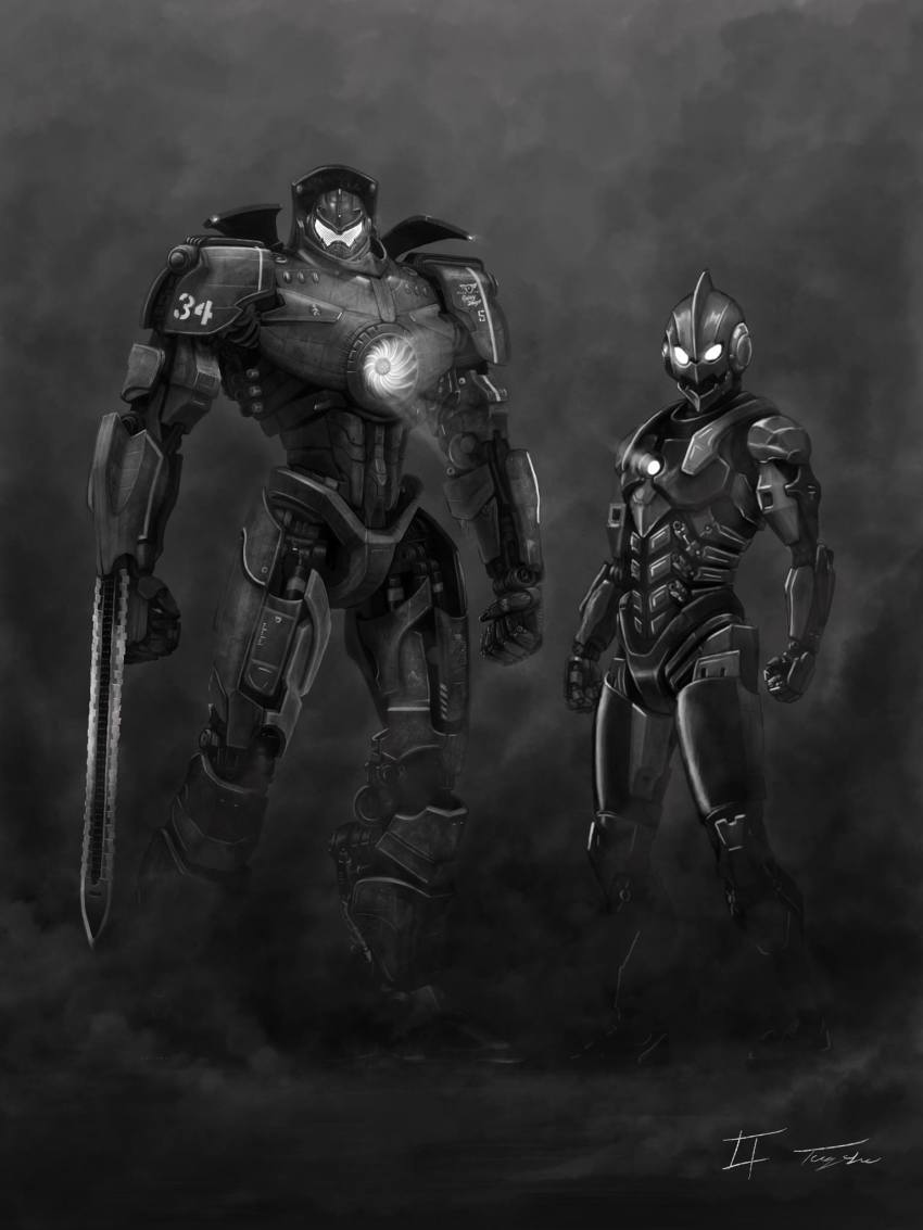 arm_blade armor assault_visor body_armor bodysuit cannon chain_sword chest_cannon crossover dark directed-energy_weapon eatalllot energy energy_cannon energy_weapon faceplate formal_clothes gd6_chain_sword giant gipsy_danger glowing greyscale highres jaeger_(pacific_rim) legendary_pictures mask mecha mechanical_arms monochrome no_humans nuclear_vortex_turbine pacific_rim pan_pacific_defense_corps realistic robot science_fiction single_mechanical_arm size_difference smoke standing suit super_robot sword tsuburaya_productions ultra_series ultraman ultraman_(1st_series) ultraman_(hero&#039;s_comics) visor weapon whip whip_sword wrist_blades