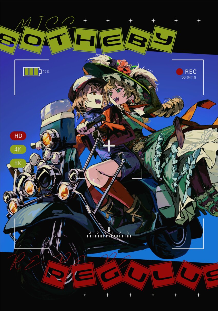 2girls :d absurdres ankle_boots arm_up black_footwear black_pantyhose blue_background blue_dress blue_neckerchief boots bow brown_hair newsboy_cap character_name chin_strap dress driving elbow_gloves eye_contact face-to-face flower full_body gloves green_dress green_footwear green_gloves green_hat gyeol_124 hand_on_headwear hand_up hat hat_feather hat_flower high_heels highres jacket layered_dress long_dress long_sleeves looking_at_another looking_back motor_vehicle multiple_girls neckerchief on_scooter open_mouth orange_bow orange_eyes pantyhose polka_dot_neckerchief puffy_long_sleeves puffy_sleeves red_jacket red_socks regulus_(reverse:1999) reverse:1999 riding scooter short_dress short_hair sidesaddle sleeveless sleeveless_dress smile socks sotheby sun_hat teeth turning_head upper_teeth_only viewfinder yuri