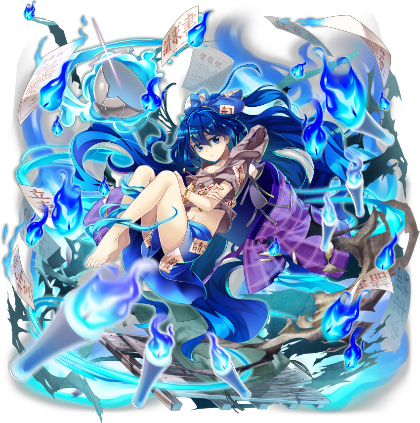 1girl barefoot blue_bow blue_eyes blue_fire blue_hair blue_skirt bow bowl bracelet candle closed_mouth crossed_arms drawstring fire full_body game_cg grey_hoodie hair_between_eyes hair_bow highres hood hoodie jewelry long_hair looking_at_viewer midriff_peek navel official_art paper rotte_(1109) short_sleeves skirt solo third-party_source toes touhou touhou_lostword translation_request transparent_background very_long_hair wavy_hair yorigami_shion
