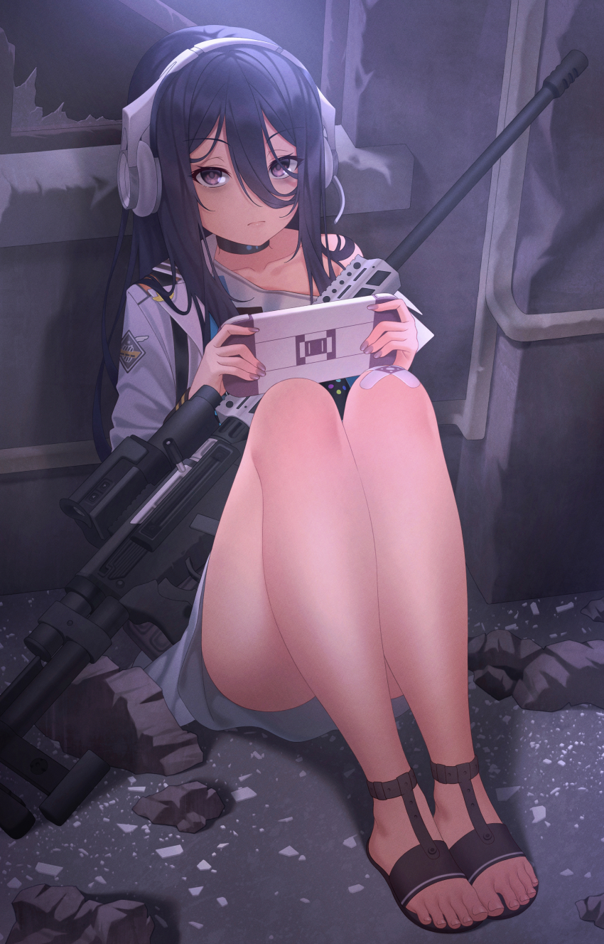 1girl absurdres against_glass bags_under_eyes bandaid bandaid_on_knee bandaid_on_leg black_hair black_sandals broken_glass broken_window closed_mouth collar debris exia_(nikke) expressionless feet glass goddess_of_victory:_nikke graynacht grey_eyes gun hair_between_eyes handheld_game_console headset highres holding holding_handheld_game_console jacket legs_together long_hair looking_at_viewer off_shoulder on_floor open_clothes open_jacket playing_games purple_eyes rifle sandals sitting sniper_rifle solo toes weapon