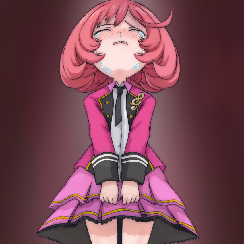 1girl ahoge ayase_naru black_necktie blush closed_eyes crying head_back highres jacket lapel_pin long_sleeves necktie open_clothes open_jacket open_mouth pink_background pink_hair pink_jacket pink_skirt pretty_rhythm pretty_rhythm_rainbow_live pretty_series runny_nose shirt short_hair skirt snot standing t_jiroo_(ringofriend) tears treble_clef white_shirt