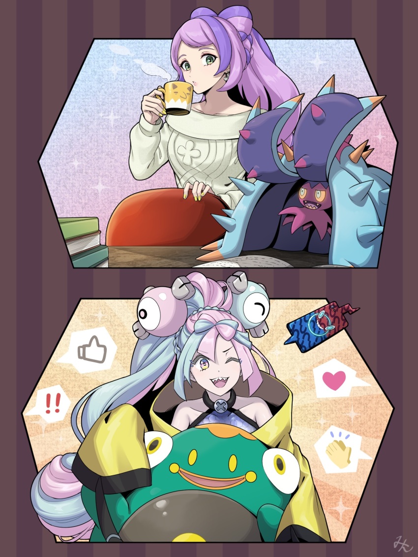 ! !! 2girls ;d alternate_hairstyle aqua_hair bellibolt blue_hair book bow-shaped_hair breasts character_hair_ornament collarbone commentary_request cup drinking earrings eyeliner flower_earrings gen_4_pokemon gen_7_pokemon green_eyes green_hair grey_shirt hair_ornament hand_up heart hexagon_print highres holding holding_cup iono_(pokemon) jacket jewelry long_hair long_sleeves makeup min_(myna8247) miriam_(pokemon) mug multicolored_hair multiple_girls nail_polish nintendo no_coat off-shoulder_sweater off_shoulder one_eye_closed open_mouth pink_eyeliner pink_hair pokemon pokemon_(creature) pokemon_sv ponytail purple_hair rotom rotom_phone sharp_teeth shirt sleeveless sleeveless_shirt sleeves_past_fingers sleeves_past_wrists smile spoken_heart steam streaked_hair sweater swept_bangs teeth tongue toxapex two-tone_hair upper_teeth_only very_long_sleeves x yellow_jacket yellow_nails