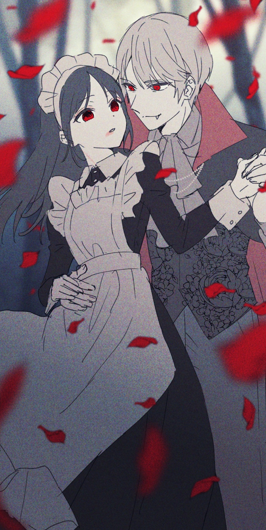 1boy 1girl absurdres apron character_request halloween highres kaguya-sama_wa_kokurasetai_~tensai-tachi_no_renai_zunousen~ long_hair maid maid_apron maid_headdress shirogane_miyuki smile vampire yokoyama_honoka