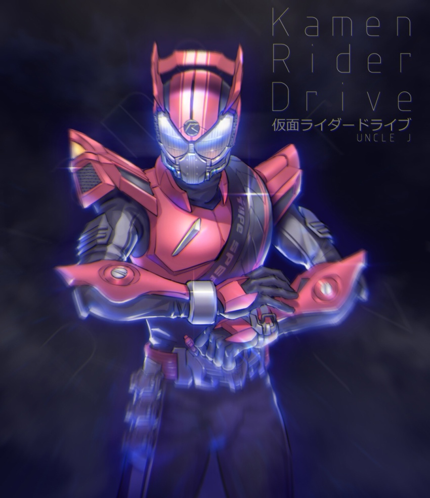 1boy abs adjusting_clothes adjusting_gloves armor belt belt-san blurry blurry_foreground compound_eyes drive_driver gloves highres kamen_rider kamen_rider_drive kamen_rider_drive_(series) male_focus name_connection red_armor red_belt red_theme rider_belt shift_brace shift_car signature type_speed unused_tire upper_body white_eyes woxiljj