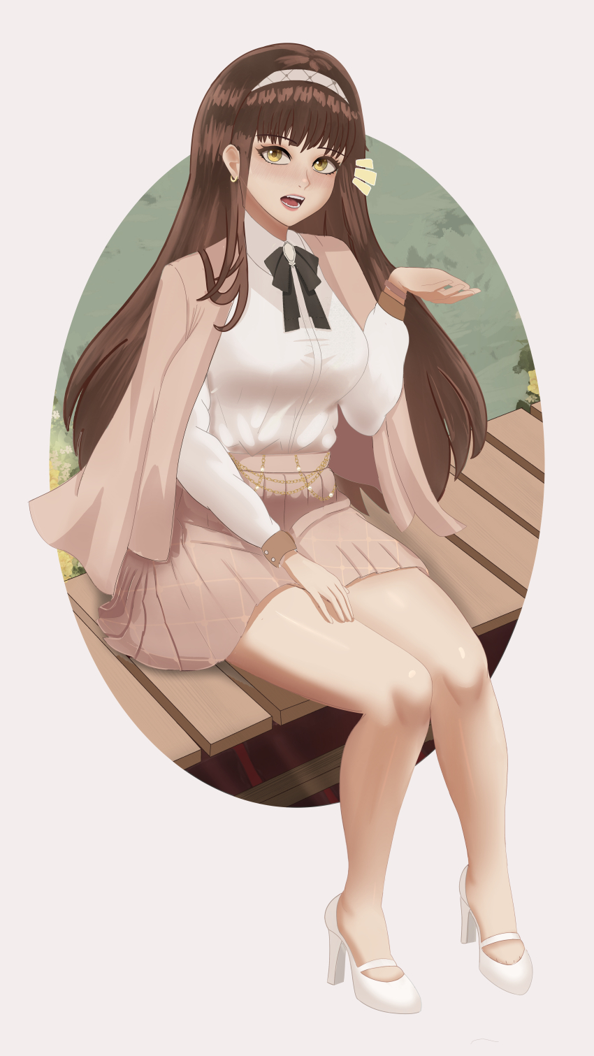 1girl absurdres black_hair black_ribbon breasts brown_skirt collared_shirt diesel_(nikke) diesel_(strawberry_flower)_(nikke) goddess_of_victory:_nikke grandguten hairband high-waist_skirt highres large_breasts long_hair long_sleeves looking_at_viewer neck_ribbon official_alternate_costume open_mouth ribbon shirt skirt smile solo white_hairband white_shirt