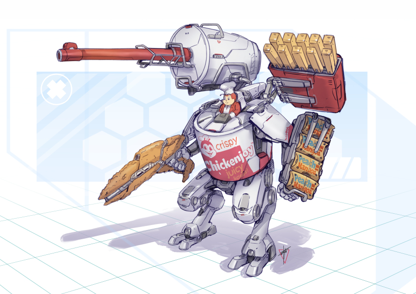 1boy absurdres chef_hat chicken_(food) eko999 energy_gun english_text food food-themed_vehicle french_fries fried_chicken grid_background hat highres jollibee jollibee_(mascot) juice mecha mecha_focus plasma_rifle robot shadow solo weapon white_background