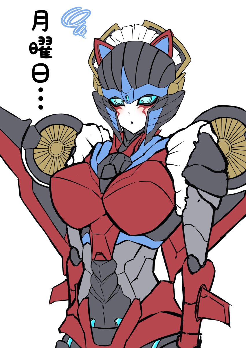 1girl absurdres animal_ears blue_eyes blue_sclera blush breasts cat_ears colored_sclera helmet highres konro_yoyogei large_breasts maid_headdress mechanical_wings simple_background transformers translation_request white_background windblade wings