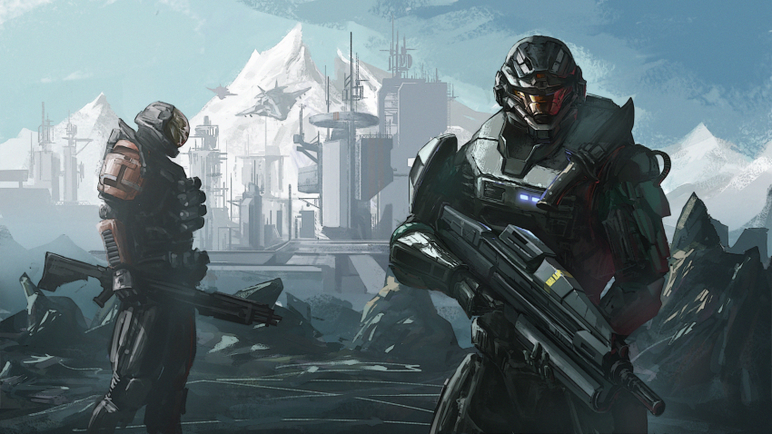 armor assault_rifle bullpup dearpacificday emile-a239 gun halo:_reach halo_(game) halo_(series) helmet highres holding holding_gun holding_weapon looking_back low_bore_axis_shotgun m90 ma5 male_focus military pump-action_shotgun rifle shotgun soldier spartan-b312 spartan_(halo) visor weapon