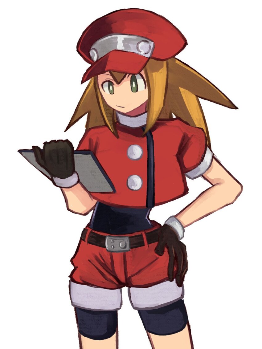 1girl black_bodysuit black_gloves blonde_hair bodysuit cabbie_hat cowboy_shot cropped_jacket gloves green_eyes hat highres jacket medium_hair mega_man_(series) mega_man_legends_(series) missing_commentary red_hat red_jacket red_shorts roll_caskett_(mega_man) shorts simple_background solo tikuwabu_33 white_background