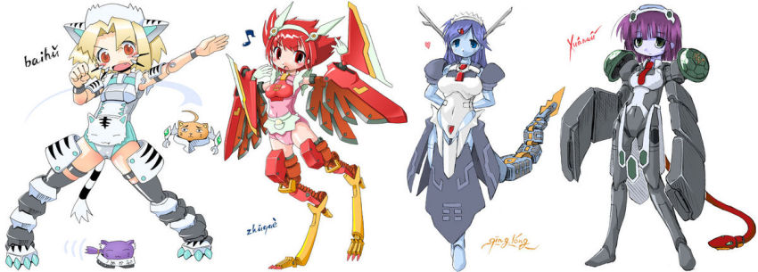 4girls android animal_ears arms_behind_back blonde_hair blue_hair blush breasts byakko byakko_(nijiura_maids) character_name dragon_girl dragon_horns dragon_tail four_holy_beasts futaba_channel genbu genbu_(nijiura_maids) heart horns leotard long_hair looking_at_viewer maid maid_headdress medium_breasts monster_girl multiple_girls musical_note nijiura_maids pink_leotard puffy_short_sleeves puffy_sleeves purple_hair red_eyes red_hair robot_ears seiryuu seiryuu_(nijiura_maids) short_hair short_sleeves simple_background snake standing suzaku suzaku_(nijiura_maids) tagme tail whiskers white_background wings