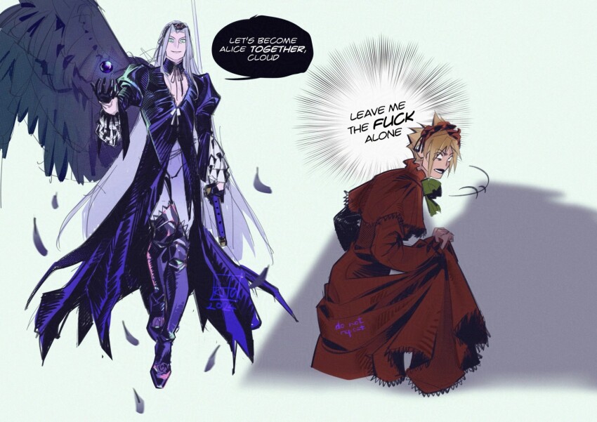 2boys black_gloves black_materia black_wings blonde_hair capelet cloud_strife commentary cosplay crossdressing dress english_commentary english_text evil_grin evil_smile final_fantasy final_fantasy_vii floating gloves green_eyes grey_hair grin highres kurdupl male_focus masamune_(ff7) multiple_boys red_dress rozen_maiden sephiroth shinku shinku_(cosplay) single_wing smile speech_bubble suigintou suigintou_(cosplay) wings