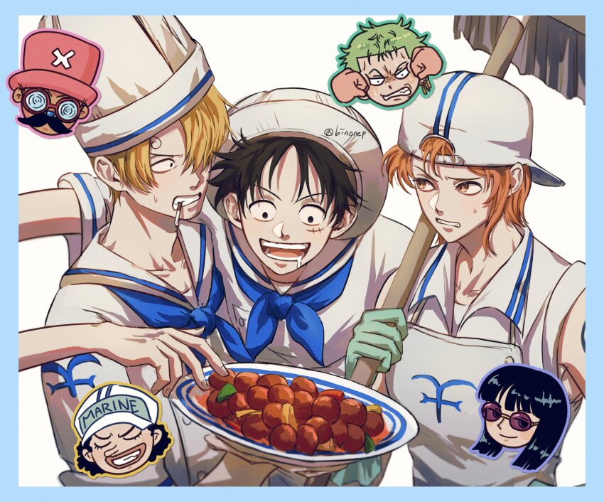 2girls 5boys bin_(binonep) black_hair blonde_hair blue_border blue_neckerchief blunt_bangs border broom chibi cigarette commentary_request cross curly_eyebrows earrings facial_hair fake_facial_hair fake_mustache glasses goatee_stubble green_hair hair_over_one_eye hat highres holding holding_broom holding_plate jewelry korean_commentary long_nose looking_at_another monkey_d._luffy multiple_boys multiple_girls nami_(one_piece) nami_(one_piece)_(g-8) neckerchief nico_robin nico_robin_(g-8) one_piece orange_eyes orange_hair pink_hat plate purple-tinted_eyewear roronoa_zoro sanji_(one_piece) scar scar_on_face short_hair simple_background smile stubble sunglasses sweatdrop tinted_eyewear tony_tony_chopper upper_body usopp white_background