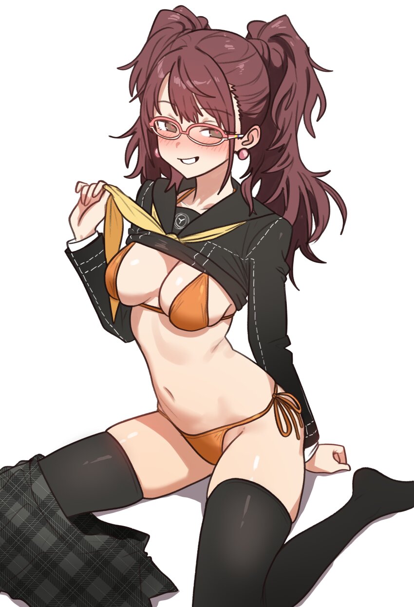 1girl absurdres bikini bikini_under_clothes black_shirt black_skirt black_thighhighs blush breasts brown_eyes brown_hair cleavage clothes_lift clothes_pull earrings ebora glasses grin heart heart-shaped_pupils highres jewelry kujikawa_rise large_breasts long_hair long_sleeves looking_at_viewer medium_breasts navel neckerchief orange_bikini pearl_earrings persona persona_4 plaid_clothes plaid_skirt school_uniform serafuku shirt shirt_lift simple_background sitting skirt skirt_around_one_leg skirt_pull smile solo swimsuit symbol-shaped_pupils thighhighs twintails white_background yasogami_school_uniform yellow_neckerchief