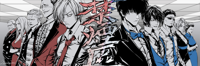 3girls bandaged_head bandages black_dress black_hair blazer blue_dress blue_necktie crocodile_(one_piece) crossed_arms dress dress_shirt facial_hair facing_to_the_side facing_viewer formal_clothes gintama grin hair_over_one_eye hasegawa_taizou highres hijikata_toushirou hina_(one_piece) indoors jacket looking_at_viewer looking_to_the_side marine_(one_piece) monkey_d._garp multiple_boys multiple_girls necktie one_piece open_clothes open_jacket otose partially_colored partially_unbuttoned red_dress red_necktie red_shirt roof_shingles sanji_(one_piece) shirt short_hair smile smoker_(one_piece) sunglasses suspenders takasugi_shinsuke tsukuyo_(gintama) white_hair white_shirt zzyzzyy