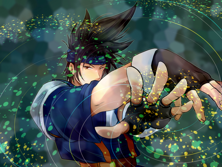 1boy albert_corraine black_hair blue_headband brown_eyes fingerless_gloves gloves green_background headband highres looking_at_viewer male_focus sasamuke_pika solo upper_body wide_sleeves yuukyuu_gensoukyoku