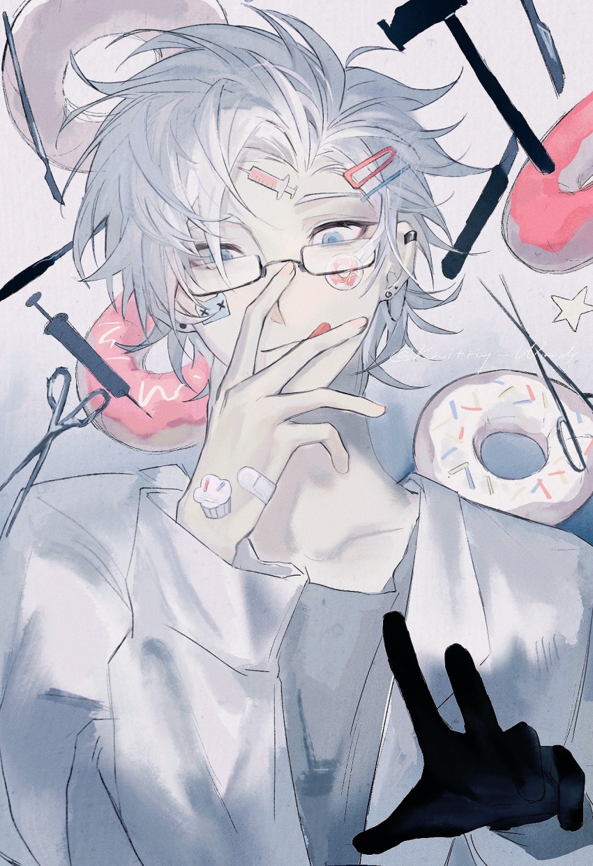 1boy :q bandaid bandaid_on_hand black_gloves blue_eyes chinese_commentary commentary_request donut food glasses gloves grey_shirt hair_ornament hairclip hammer hand_on_own_face highres kanou_aogu lab_coat long_sleeves male_focus open_clothes rectangular_eyewear saibou_shinkyoku scalpel scissors semi-rimless_eyewear shirt short_hair single_glove solo star_(symbol) sticker_on_face sticker_on_hand syringe tongue tongue_out upper_body white_hair zhiyanpianyu55126
