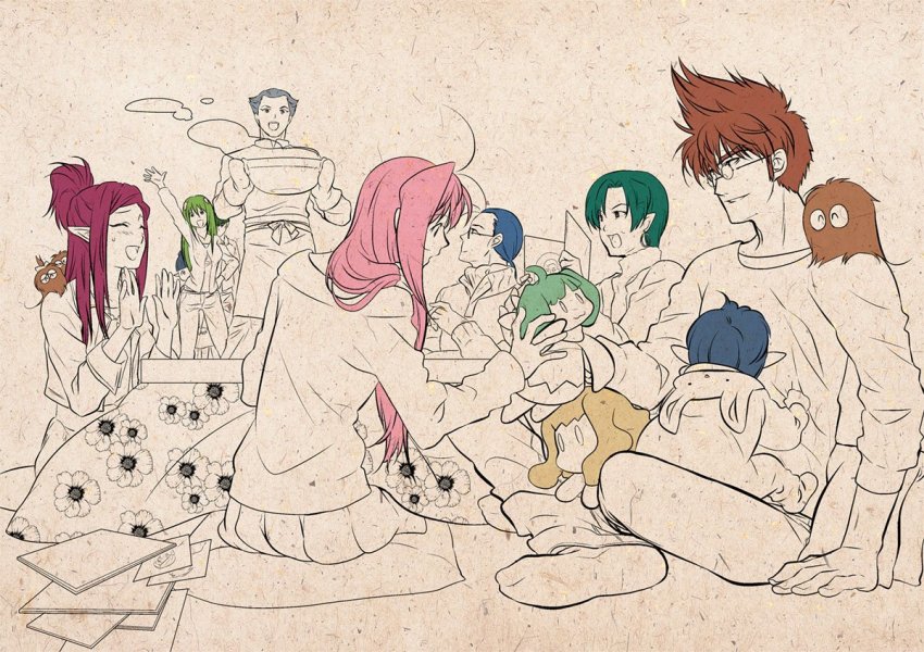 10s 3boys 4girls alien animal baby bad_id bad_twitter_id blue_hair brown_hair gamlin_kizaki green_hair grey_hair guvava jenius_emilia jenius_maximilian jenius_milia jenius_mylene kotatsu kutsuno long_hair macross macross_7 macross_delta macross_frontier meltrandi mirage_farina_jenius monochrome multiple_boys multiple_girls multiple_monochrome nekki_basara partially_colored pink_hair pointy_ears ranka_lee sheryl_nome skirt stew table