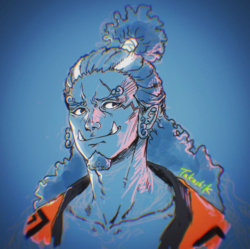 1boy absurdres artist_name black_eyes blue_skin chasenmage closed_mouth collarbone colored_skin commentary curly_eyebrows english_commentary facial_hair fish_boy goatee highres jinbe_(one_piece) long_hair male_focus one_piece scar scar_across_eye scar_on_face sketch smile solo takashik tusks