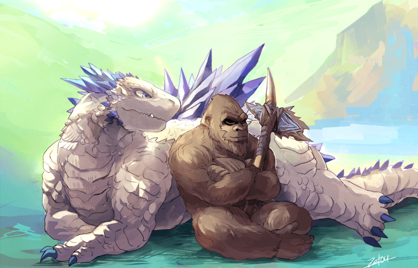 abs all_fours ape axe battle_axe blue_eyes bone bone_axe bone_weapon claws cloud crossover day fang fangs giant giant_monster glowing glowing_axe glowing_weapon godzilla_(series) godzilla_x_kong:_the_new_empire gorilla grass holding holding_axe holding_weapon kaiju king_kong king_kong&#039;s_battle_axe king_kong_(series) legendary_pictures monster monsterverse mountain muscular muscular_arms muscular_legs muscular_other no_humans outdoors pectorals scar scar_on_chest scar_on_stomach sharp_teeth shimo_(monsterverse) sleeping sleeping_on_person spikes tail teeth thick_thighs thighs tooth tsk03 weapon