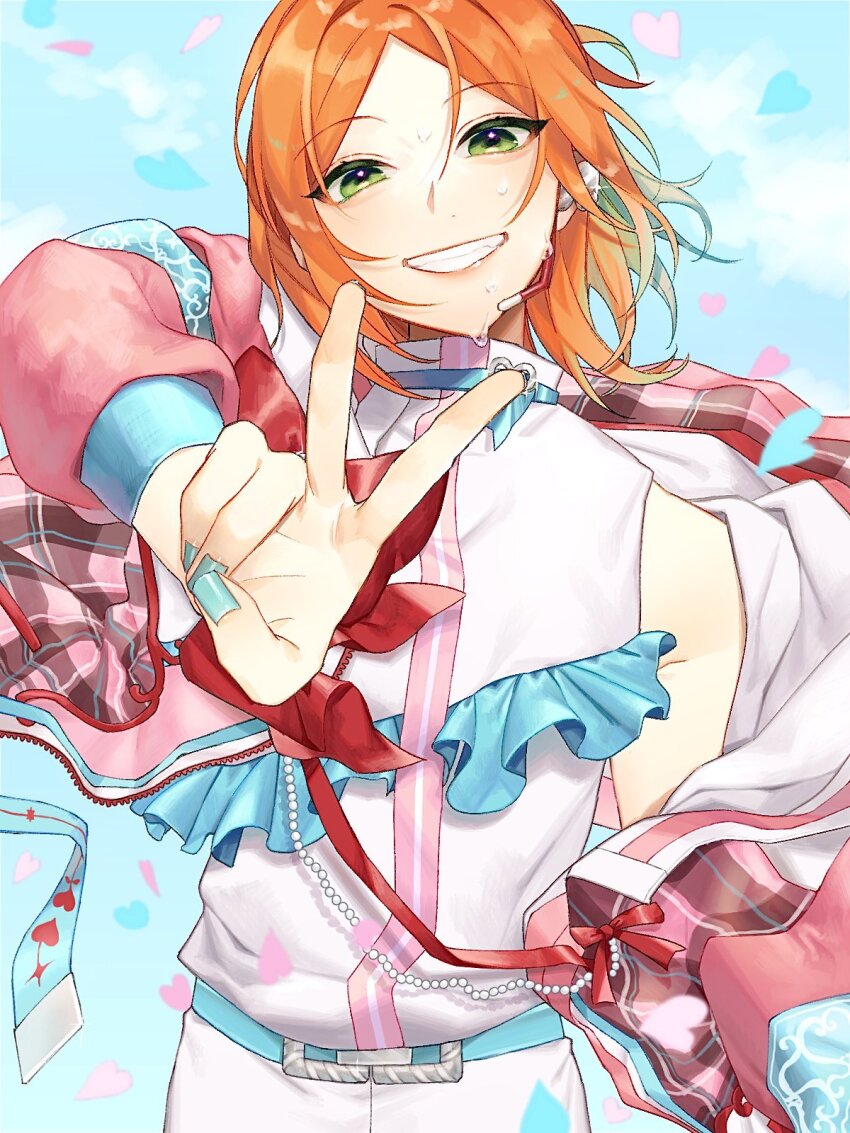 1boy aoi_yuta armpit_peek belt bow buckle choker ensemble_stars! frills green_eyes grin half_updo heart heart-shaped_buckle highres idol jacket long_sleeves looking_at_viewer love_letter_(ensemble_stars!) male_focus medium_hair nail_polish off_shoulder orange_hair parted_bangs perspective pink_jacket puffy_long_sleeves puffy_sleeves red_bow sleeveless sleeveless_turtleneck smile strap string_of_pearls sweat tawa_(eraremmm) turtleneck upper_body v wind