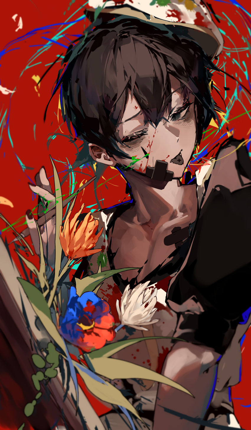 1boy absurdres apron beret black_shirt black_tongue bouquet canvas_(object) closed_mouth cymlim flower hand_up hat highres holding holding_paintbrush limbus_company low_ponytail one_eye_closed paintbrush ponytail project_moon puffy_short_sleeves puffy_sleeves red_background ring_(identity)_(project_moon) shirt short_sleeves simple_background smile solo tongue tongue_out white_apron white_hat yi_sang_(project_moon)