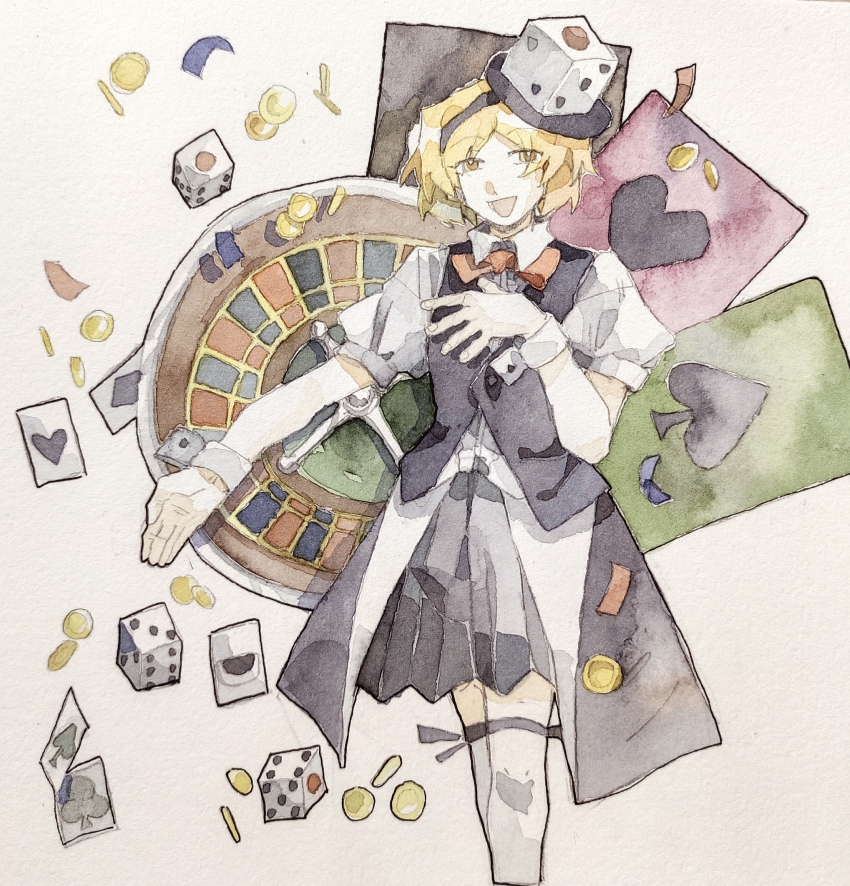 1other aaayamitsu absurdres androgynous black_skirt black_trim black_vest blonde_hair bow bowtie card center_frills chinese_commentary coin commentary_request dice dice_hair_ornament eye_of_senri frills hair_ornament highres len&#039;en open_mouth other_focus playing_card pleated_skirt puffy_short_sleeves puffy_sleeves red_bow red_bowtie shirt short_hair short_sleeves skirt smile socks solo vest white_shirt white_socks white_wrist_cuffs wrist_cuffs xeno_a yellow_eyes