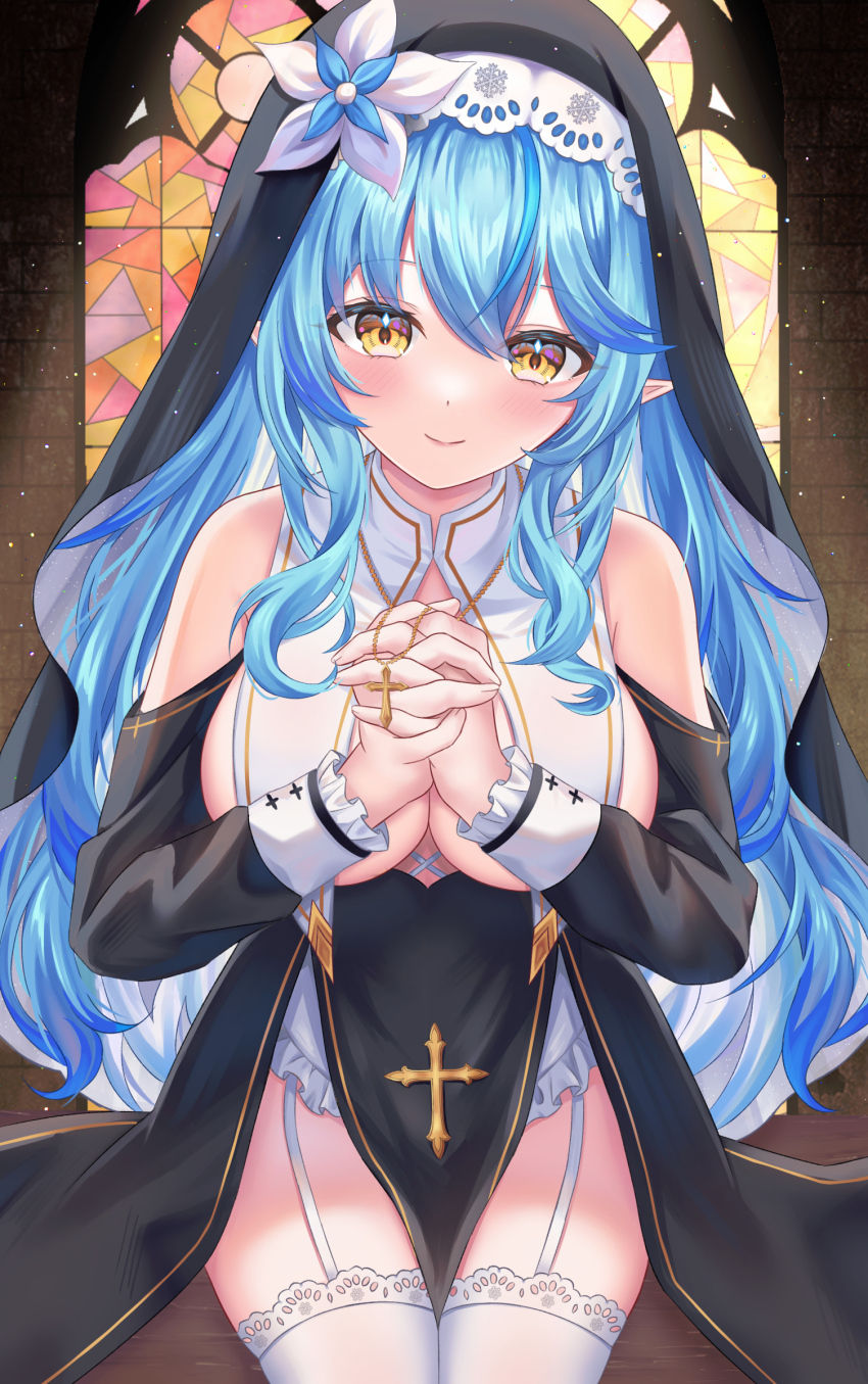 1girl absurdres bare_shoulders black_dress blue_hair blush breasts closed_mouth dress elf garter_straps highres hololive indoors large_breasts long_hair nakuri_(nakuri_12) nun own_hands_clasped own_hands_together pointy_ears sitting smile solo stained_glass thighhighs virtual_youtuber white_thighhighs yukihana_lamy