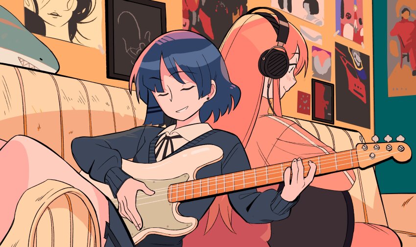 2girls absurdres back-to-back bass_guitar blazer blue_hair blush bocchi_the_rock! closed_eyes closed_mouth collared_shirt duet ear_piercing gotoh_hitori happy headphones highres ikea_shark indoors instrument jacket long_hair multiple_girls music non-web_source open_mouth piercing pink_track_suit playing_guitar playing_instrument poster_(object) shirt short_hair smile stuffed_animal stuffed_shark stuffed_toy tiffany_chou track_suit yamada_ryo