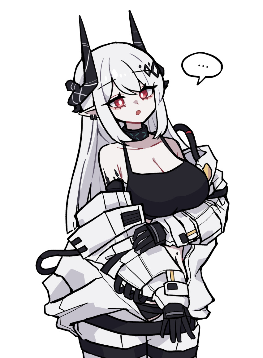 ... 1girl :o arknights bare_shoulders black_gloves black_horns black_sports_bra breasts bright_pupils cleavage commentary gloves highres hmrsh horns infection_monitor_(arknights) large_breasts long_hair long_sleeves looking_at_viewer material_growth mudrock_(arknights) mudrock_(elite_ii)_(arknights) off_shoulder open_mouth oripathy_lesion_(arknights) pointy_ears red_eyes simple_background solo spoken_ellipsis sports_bra white_background white_hair white_pupils