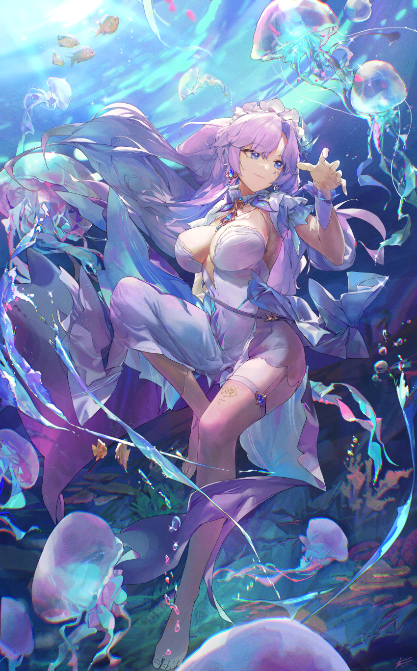 1girl absurdres asymmetrical_legwear blue_eyes blue_flower cantarella_(wuthering_waves) commentary dress earrings facial_mark feet floating_hair flower hair_flower hair_ornament hand_up headdress highres jellyfish jewelry jushoro large_ribbon long_hair mark_under_eye no_shoes purple_hair shrug_(clothing) single_sock single_thighhigh socks solo thighhighs thighs toes underwater uneven_legwear white_dress white_shrug white_thighhighs wuthering_waves